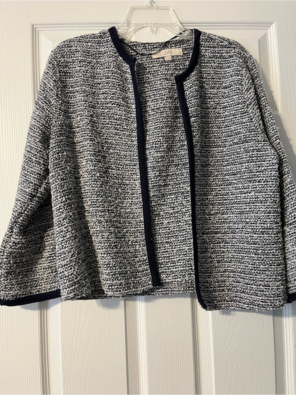LOFT Black and White Textured Collarless Open Jacket